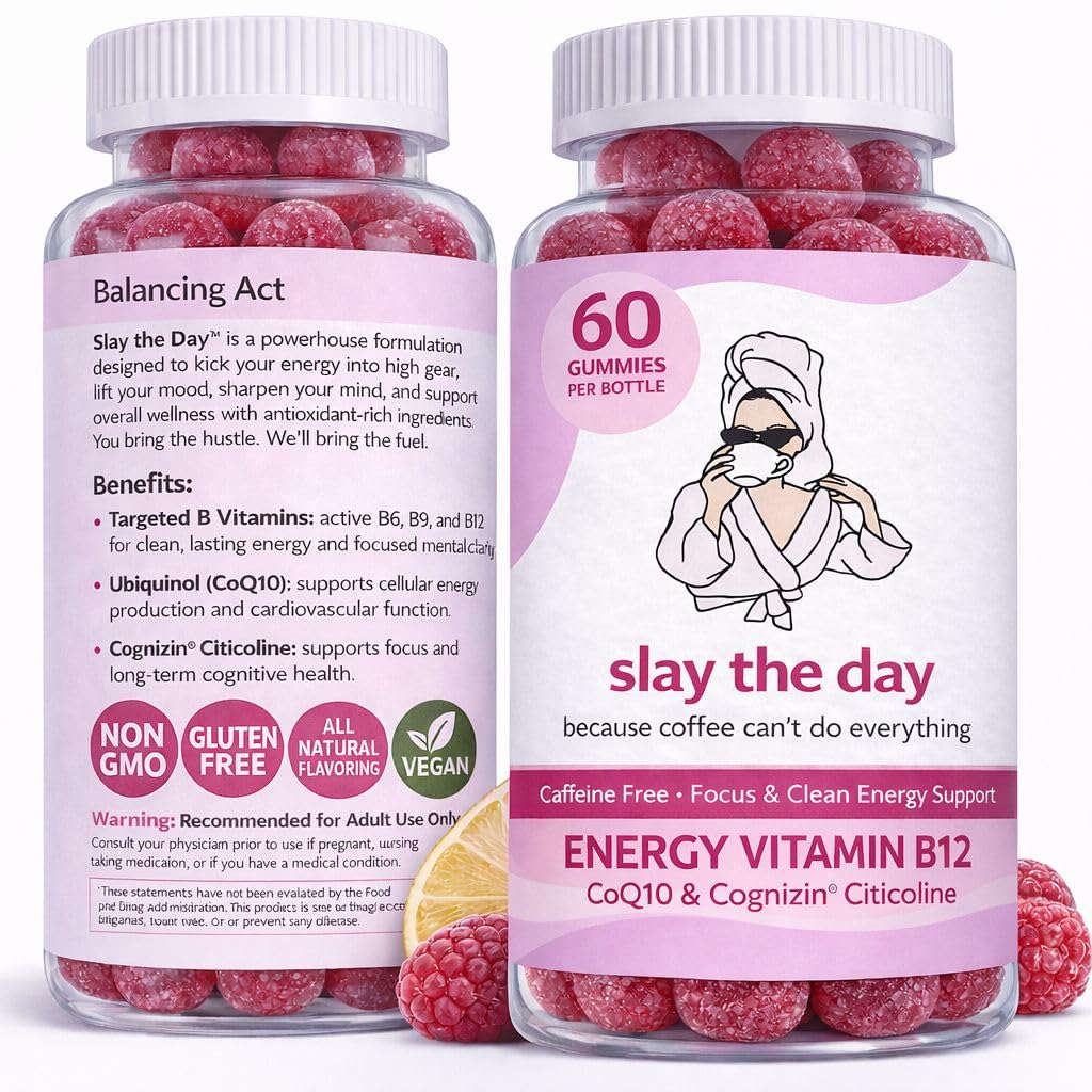 Balancing Act – Slay The Day Energy Gummies – Caffeine Free Focus & Clean Energy Support – with Vitamin B12, CoQ10 & Cognizin® Citicoline – Raspberry Lemonade – 60 Count (30 Day Supply)
