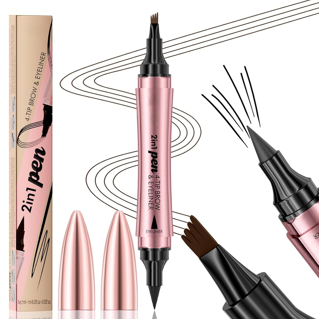 Q710 2in1pen, 4- Tip Brow pen&Eyeliner, Dcuble 设计, 闪亮的眉毛化妆, 微亮的眉毛笔, 防水, Soft nib, 带有一个光滑的中风(2#Dark Brown)