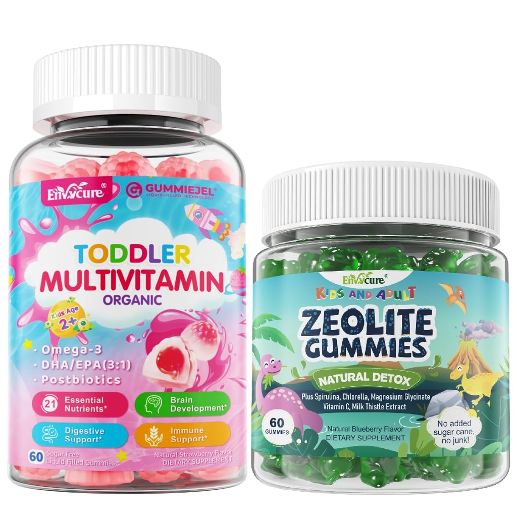 Zeolite Detox for Kids & Adult Organic Toddler Multivitamin Gummies + Omega-3 (DHA/EPA), Postbiotics 3 Pack