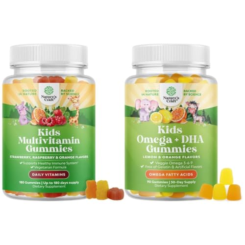Bundle of Plant Based Kids Multivitamin Gummies with Vitamins A C D3 E B Zinc and DHA Omega 3 Gummies with Vegetarian 6 9 for Vision Brain Immunity Support Non-GMO Gluten Free Gelatin Free Supplement