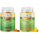 Bundle of Plant Based Kids Multivitamin Gummies with Vitamins A C D3 E B Zinc and DHA Omega 3 Gummies with Vegetarian 6 9 for Vision Brain Immunity Support Non-GMO Gluten Free Gelatin Free Supplement