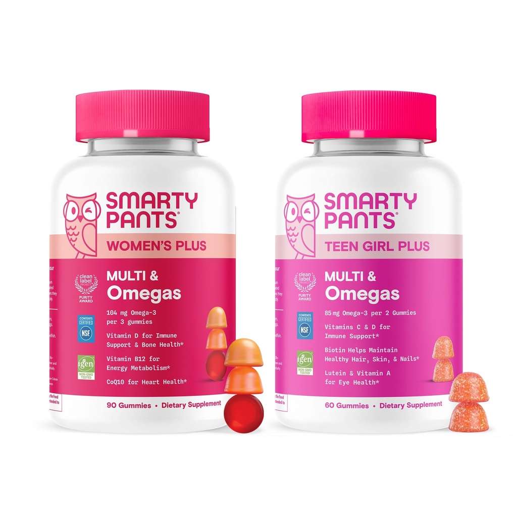 SmartyPants Mother & Daughter Daily Nutrition Bundle: Women’s + Teen Girl Multivitamin Gummies with Omega-3, Biotin, Vitamins D3, B12, A & Zinc Gluten Free, Non-GMO, 90 & 60 Count (Pack of 2)