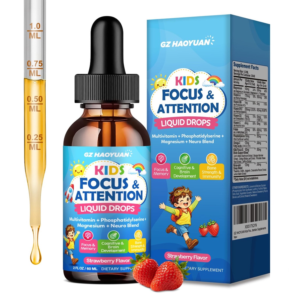 Kids Focus and Attention Supplements with Phosphatidylserine, Omega-3, Magnesium Glycinate, L-Theanine, Folate, Brain Vitamins Liquid Drops for Kids Memory, Cognitive, Sleep & Mood,Strawberry,2 Fl Oz