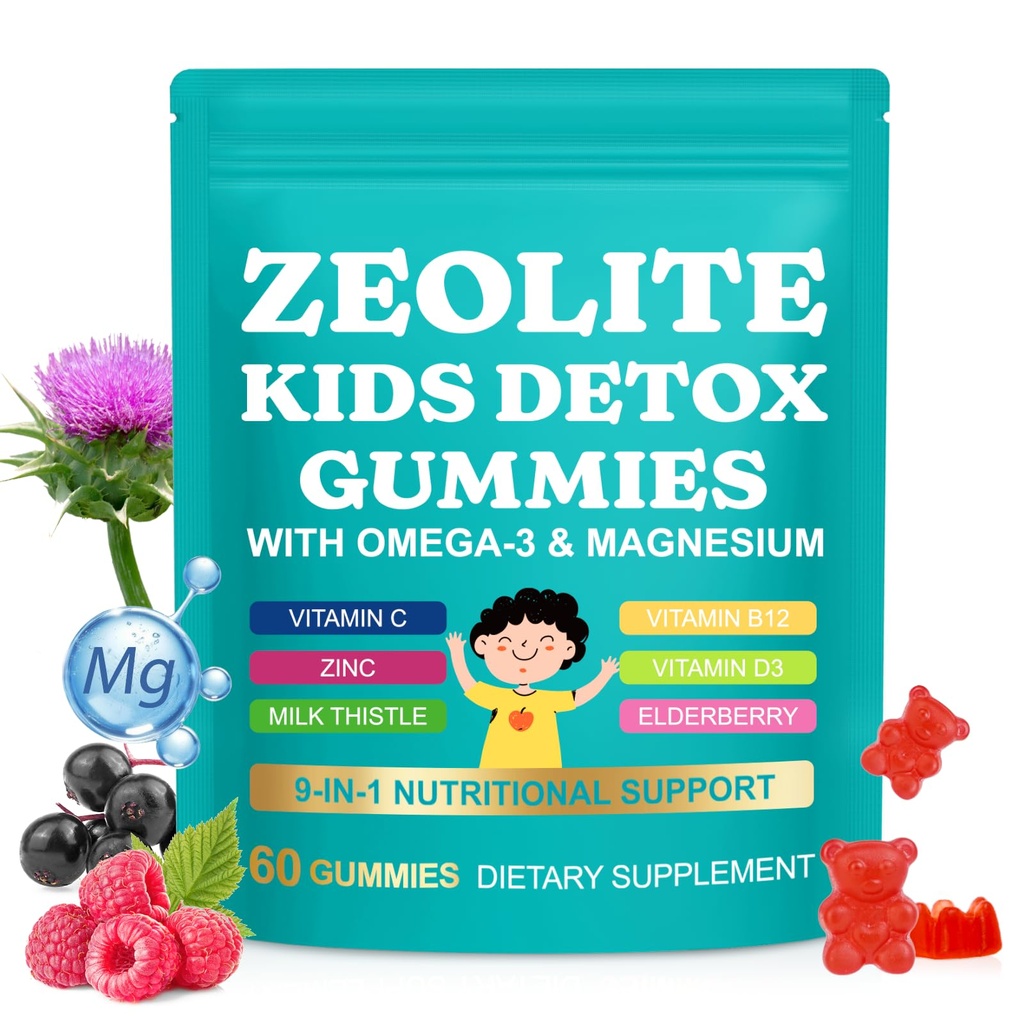 Zeolite Kids Gummies, Zeolite Detox for Kids with Zeolite, Omega-3, Elderberry, Vitamin C, Vitamin D3, Zinc, B12, for Energy, Focus, Digestive, Immune, Sugar Free (Mixed Berry Flavor-60 Gummies)