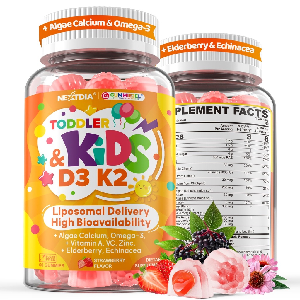 Toddler 2-3 & Kids Vitamin D3 K2 + Algae Calcium Filled Gummies, 1000 IU / 2000 IU D3 w/ Elderberry, Omega 3, Teens Kids Toddler Vitamin A D K C for Bone, Calcium Absorption, Immune, Brain, Sugar-Free