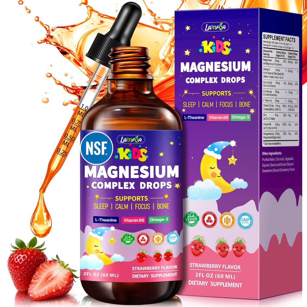 NSF Certified Kids Magnesium Liquid Drops - Magnesium Glycinate for Kids with L-Theanine, Omega-3, Zinc & Vitamins D3 B6, Magnesium Drops for Kid Sleep, Calm, Focus & Brain Support, Strawberry Flavor
