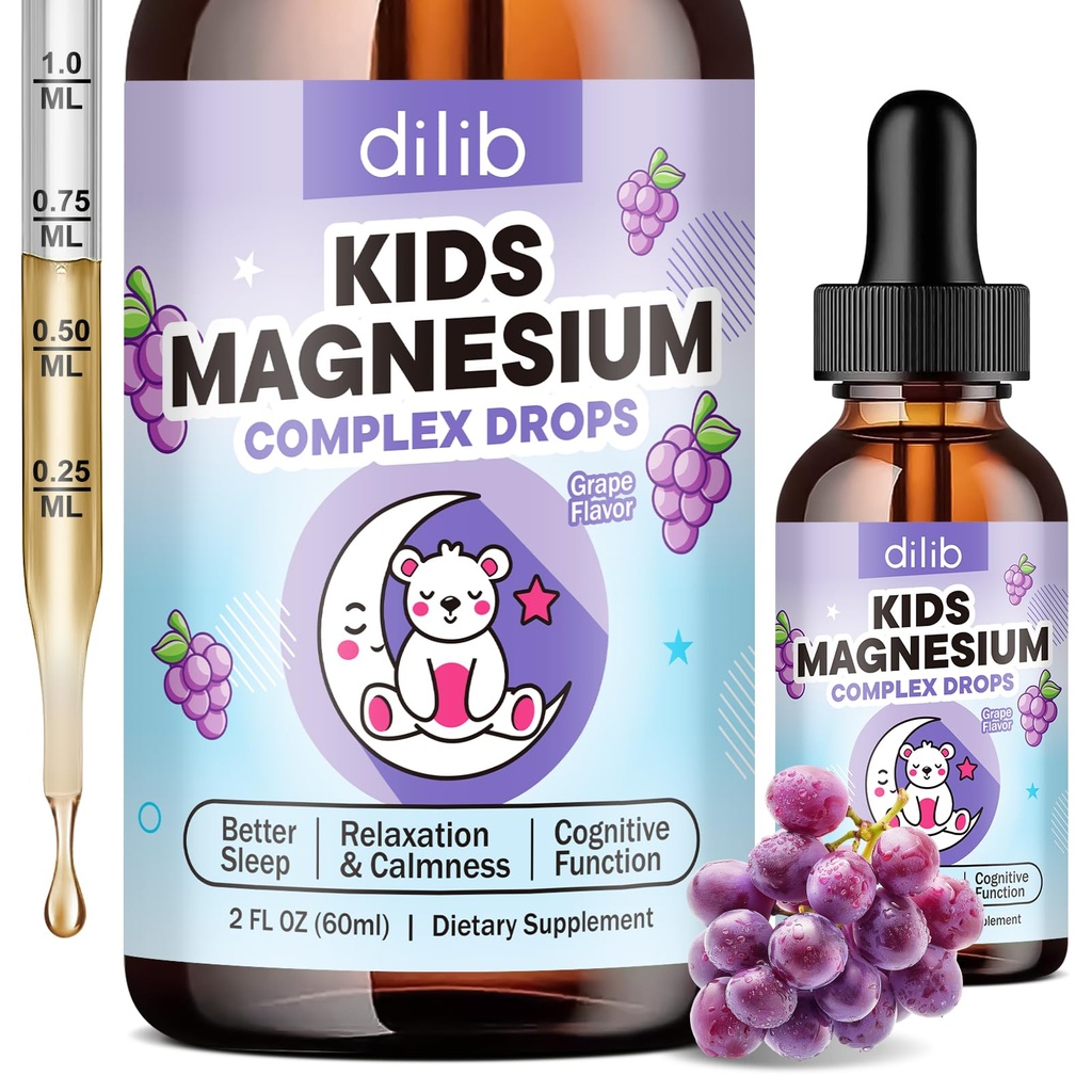 Magnesium Glycinate Lliquid for Kids - with Citrate, Chamomile, L-Theanine, Omega-3, Vitamin B12, D3, Zinc, Kids Magnesium Drops for Sleep, Calm, Relaxation, Brain, Bones, Grape Flavor, 2 Fl Oz