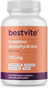 BESTVITE Creatine Monohydrate 750mg(240个植物卡普尔) - 微化 - 无 Stearates - Vegan - 非 GMO - 无 Gelatin - Gluten Free - Creatine Capsules