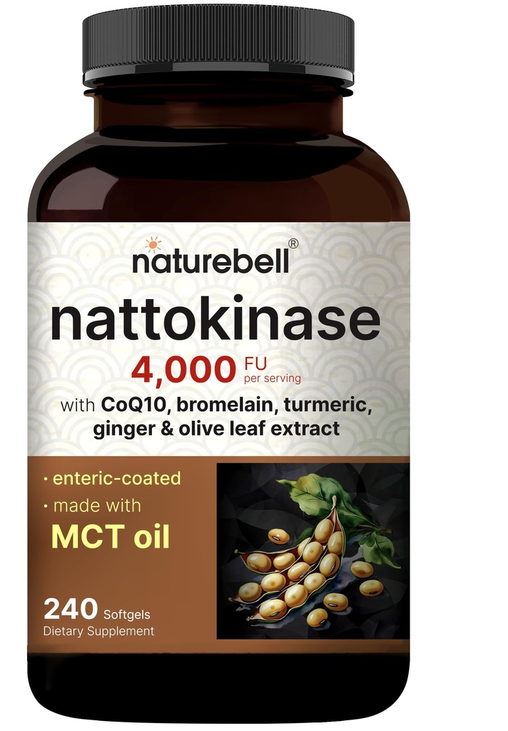 NatureBell Nattokinase 4,000 FU Per Serving, 240 Softgels – 7-in-1 Formula with CoQ10, Bromelain, Turmeric | Enteric Coated with MCT Oil | Gluten Free