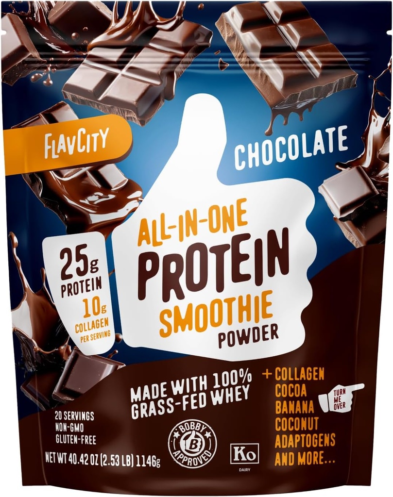 FlavCity Grass Fed Whey Chocolate Protein Powder - 25g Protein & 10g Collagen - Made with Organic Cocoa, Bananas & Coconut Milk - Gluten Free & No Added Sugars (20 Servings)