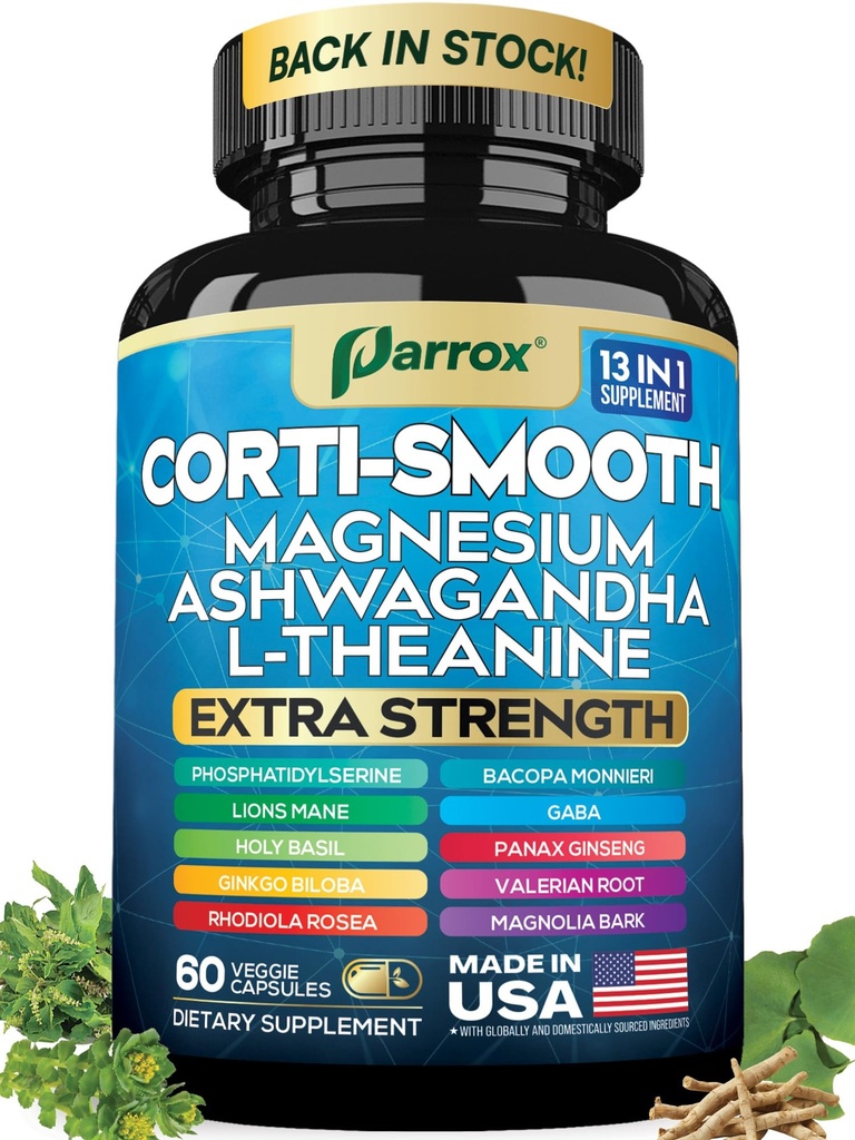Corti-Smooth Cortisol Supplement Magnesium, L-Theanine, Ashwagandha, Phosphatidylserine, Valerian Root, Lions Mane, Bacopa Monnieri, Ginkgo Biloba, Panax Ginseng, Magnolia Bark, GABA (60 Caps)