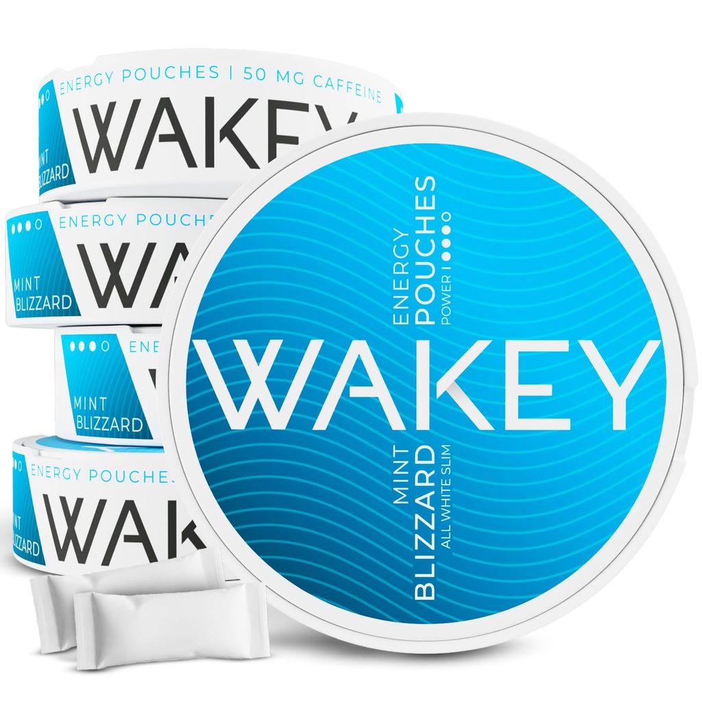 Wakey Energy Caffeine Pouches | 50mg Caffeine | Vitamin A, C, D, B12, Thiamin (Vitamin B1) | Zero Sugar - 20 Nicotine Free Pouches (5 Pack) (Blizzard Mint 50mg)