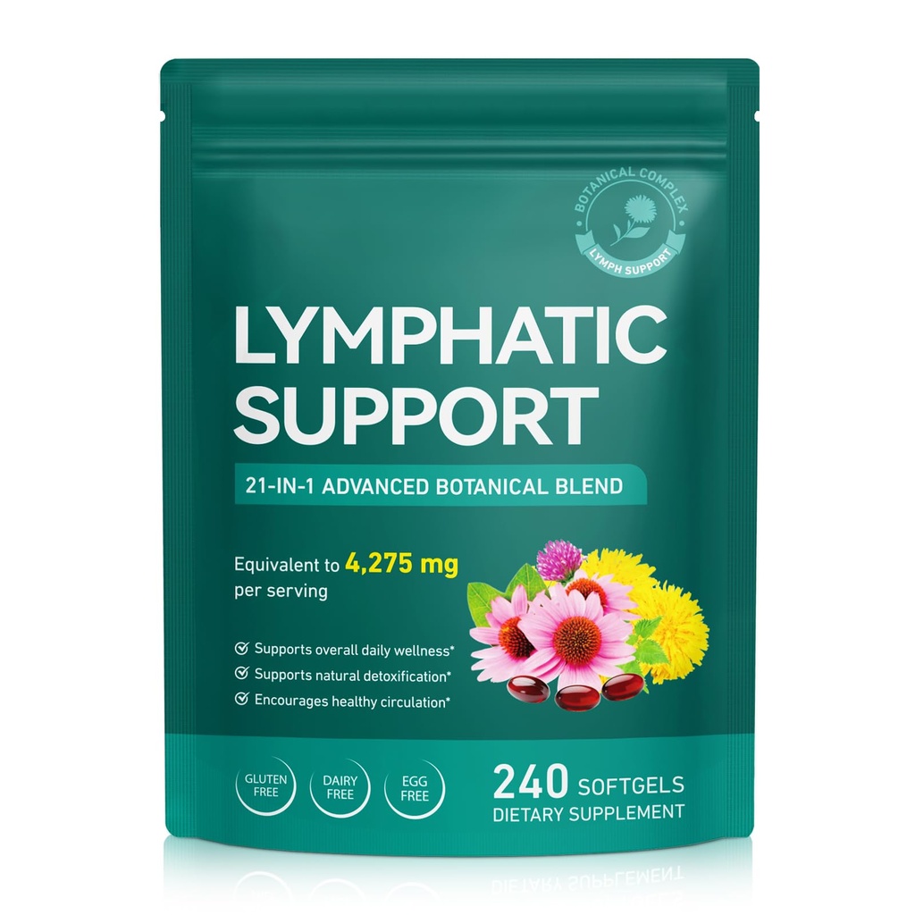 Lymphatic Drainage Supplements, Lymphatic Support Softgels for Immune Health, Plant-Based Formula with Echinacea, Burdock Root, Elderberry, Bromelain, Turmeric, 240 Softgels