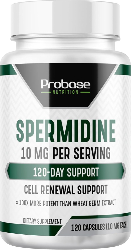 Probase 营养 Spermidine (10毫克,99% Spermidine 3HCL - 第三方测试) 120 盖- 100x 更强的麦芽提取剂, Telomere 健康 和老化的120天供应- 与 NMN 一样高效