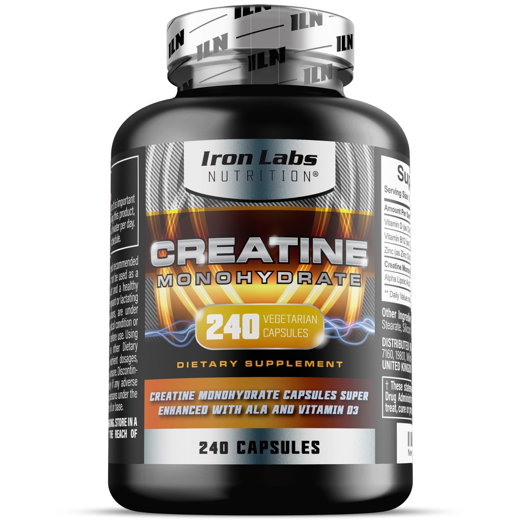 Iron Labs Nutrition Creatine Monohydrate (240 Capsules) - 3900mg Per Serving - Unflavoured Capsules - High Strength Creatine for Men & Women
