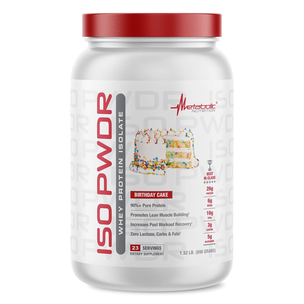 Metabolic Nutrition Whey Protein Isolate ISO PWDR Birthday Cake, 1.54lb, 23 Servings, 26g Protein, Fast Digesting, Zero Carbs, Delicious Flavor, Zero Very Low Carbs & Fat, Zero Lactose