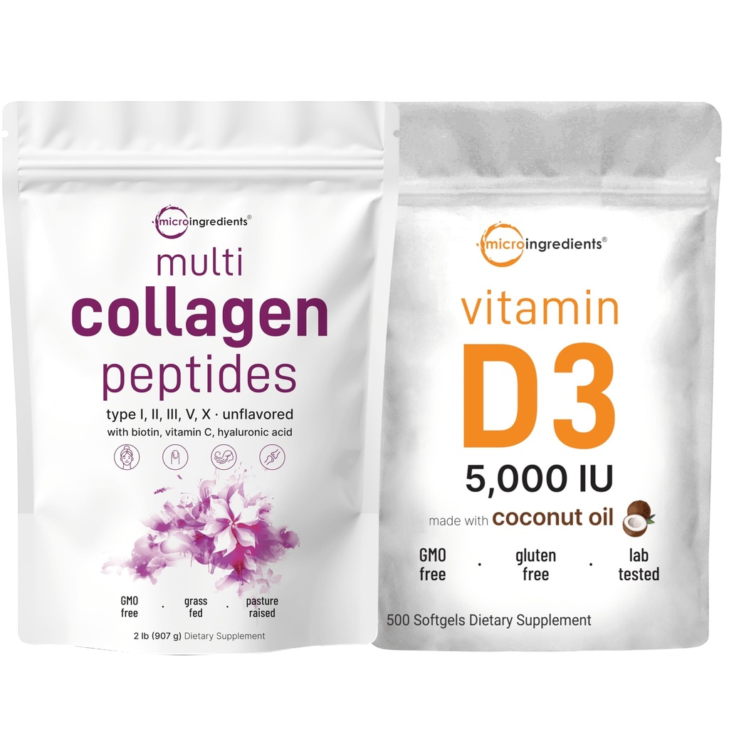 Micro Ingredients Multi Collagen Protein Powder 2lbs & Vitamin D3 5,000 IU Bundle Pack | Grass-Fed Collagen Peptides | Vitamin D as Cholecalciferol