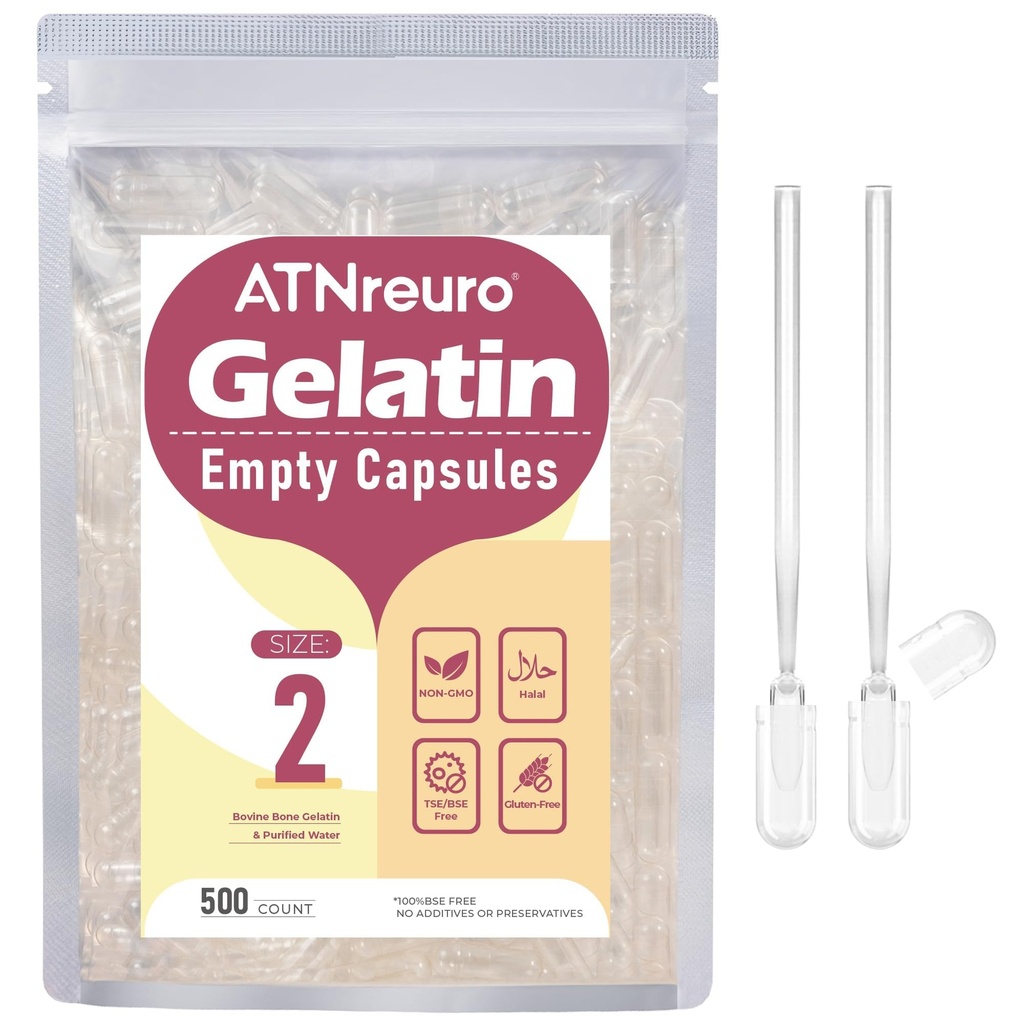 Size 2 Empty Gelatin Capsules with 2 Micro Spoons - 500 Count Empty Clear Capsule - Gel Pill Capsules for Powders Supplements