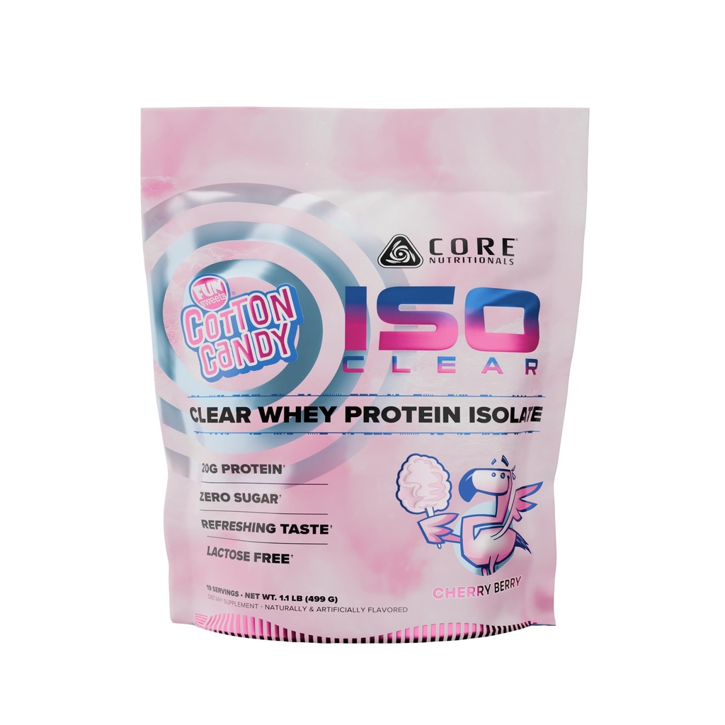 Core Nutritionals Iso Clear Whey Protein Isolate | Low Calorie, Carb, & Fat | Lactose Free & Easy to Digest | 20g Protein, Zero Sugar | 1.1 Pound (Fun Sweets Cherry Berry)