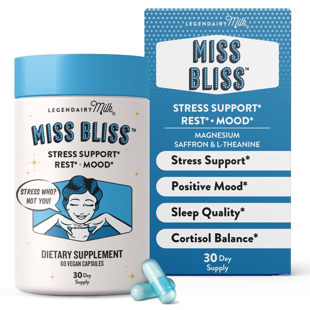 Legendairy Milk Miss Bliss™ Stress Support for Women – Stress Relief Supplement with affron® Saffron, Magnesium Glycinate + Citrate & L-Theanine – Calm & Mood Balance, Non-Drowsy, 60 Vegan Capsules