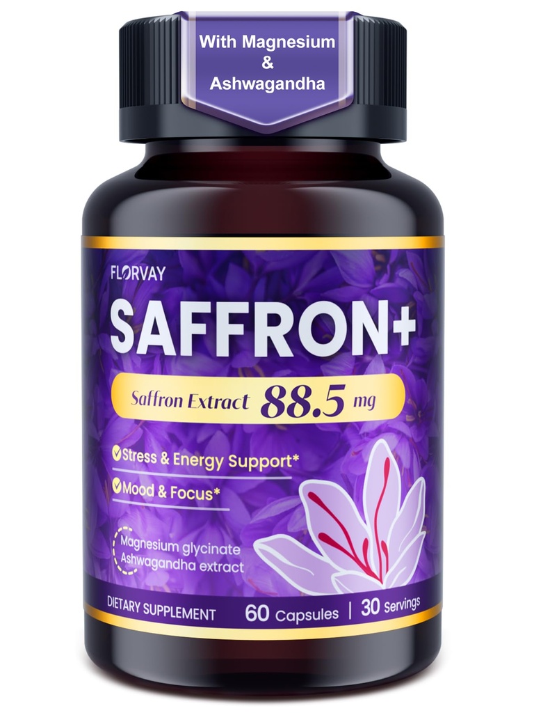 Saffron Extract Supplements 88.5mg for Women with Ashwagandha – L-Theanine & Magnesium – Supports Mood & Daily Energy – Botanical Blend – 60 Vegan Capsules for Adults (30-Day Supply)
