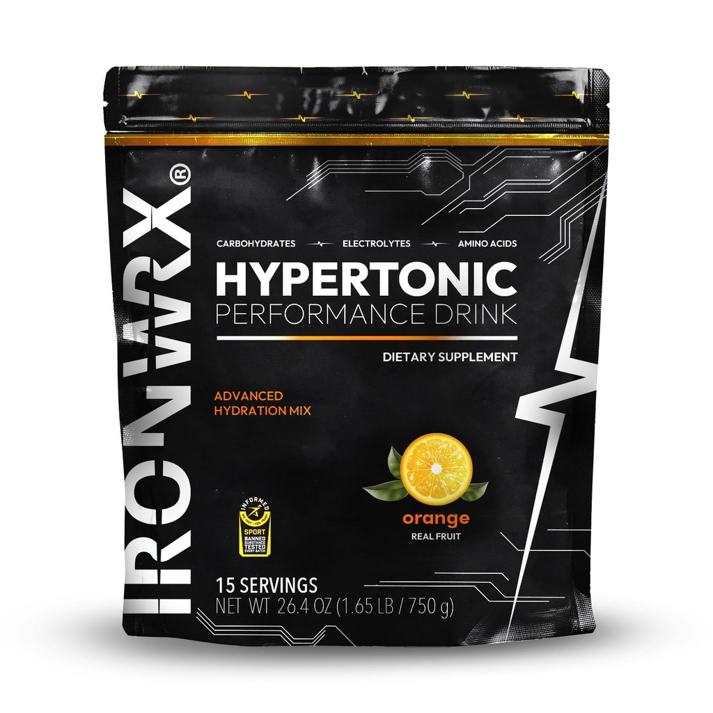 IRONWRX Hypertonic Performance Drink | 43g Time-Release Carbohydrates | Advanced Endurance & Hydration Mix | Sodium, Potassium, Magnesium + Amino Acids | Orange, 15 Servings | Informed Sport Certified