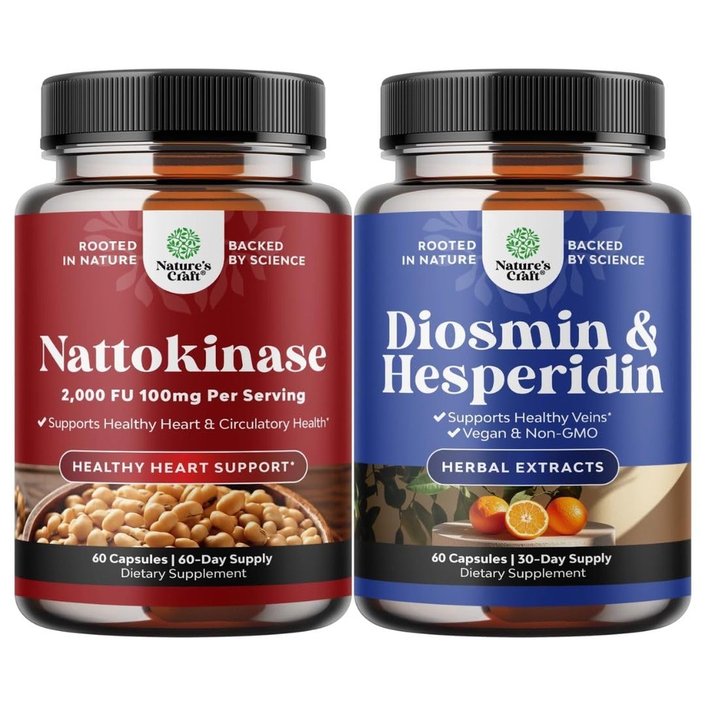 Bundle of Nattokinase Supplement for Healthy Heart Support - Traditional Japanese Natto Formula and Diosmin Hesperidin 1000mg Complex for Adults - Bitter Orange Supplement for Varicose Veins Support