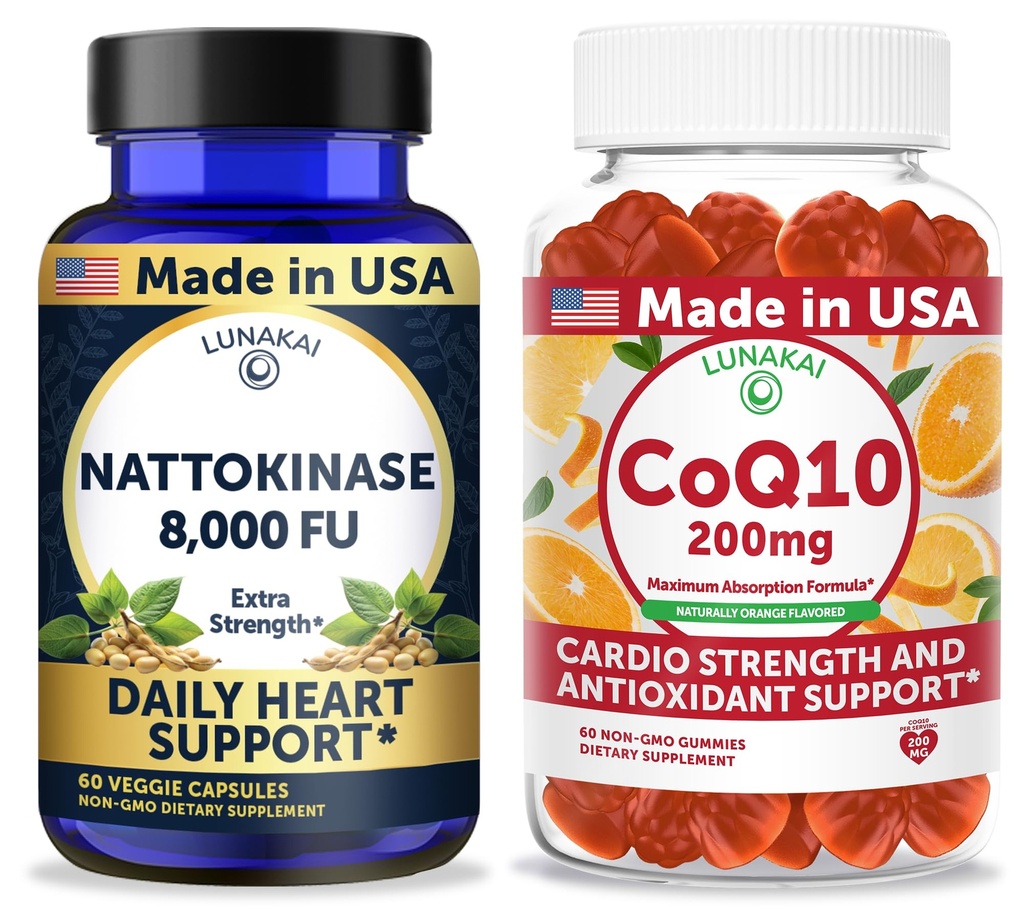 Lunakai USA Made Nattokinase 8000 FU Capsules + CoQ10 200mg Gummies Bundle – Non-GMO – 60ct Each