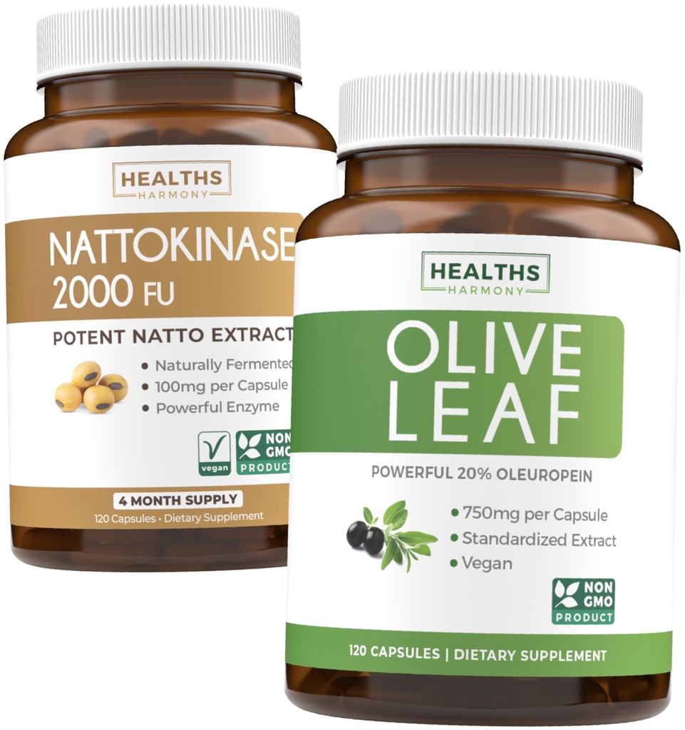 Nattokinase & Olive Leaf (4-Month Supply) Nattokinase Olive Harmony - Nattokinase 2000 FU Powerful Naturally Fermented Soybeans (4-Month Supply) & Olive Leaf Extract Super Strength with 20% Oleuropein