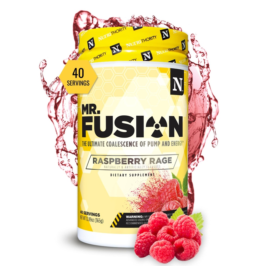 Nutrithority - Mr. Fusion Pump Pre Workout Powder, Strong Pre Workout, No Creatine, Energy Powder with Amino Acids for Men and for Women, Build Muscle, Keto Friendly (Raspberry Rage) (40 Servings)
