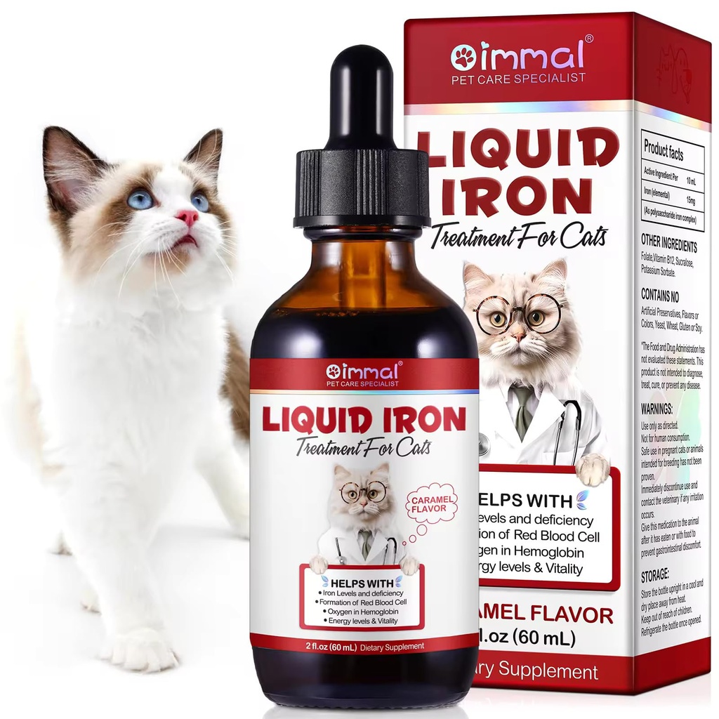 Liquid Iron Supplements for Cats and Kittens - with Folate and B12 – Supplements Anemia, Promotes Blood Health, Oxygen Supply and Blood Cell Formation – Increase Low Energy Levels – Lethargy - 2 oz