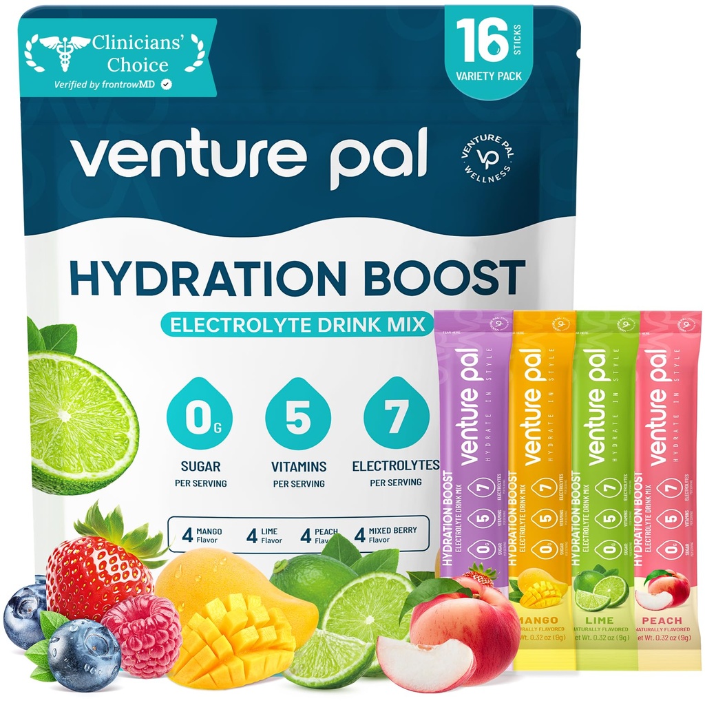 Venture Pal 糖无电解质 Power Packets - 液态日报 IV 水分包 QQ 电解质 Drinking Mix with 5 Vitamins & 7 Electrolytes & Keto 友好 QQ 非GMO QQ 认证 Vegan 16 棒