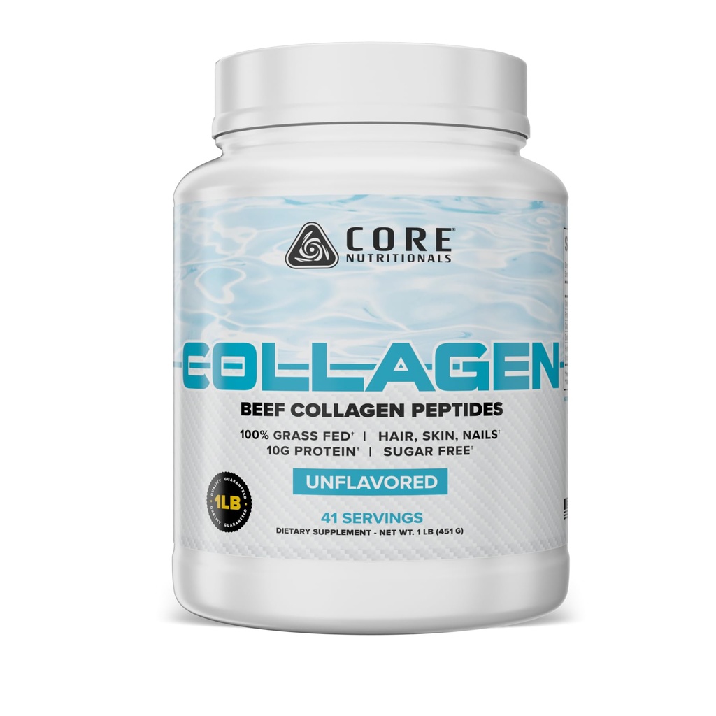 Core Nutritionals Hydrolyzed Collagen Peptides | Type I & III from Grass Fed Bovine | Hair, Skin, & Nails | Bone & Joint Support | 1 Pound (Unflavored)