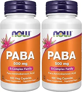 NOW 补编,PABA(第500段-氨基苯甲酸)500毫克,B-复合型家庭,100 Capsules (Pack of 2)