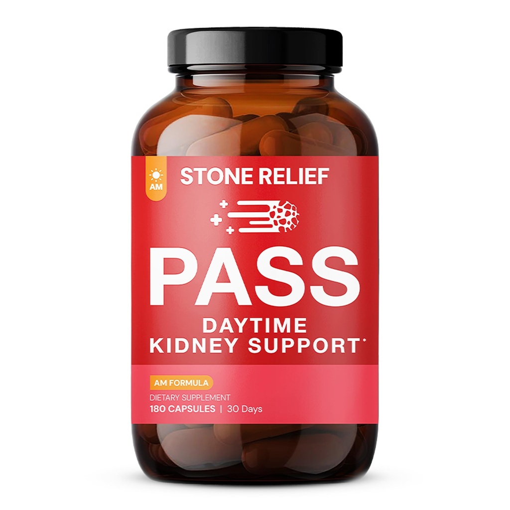 STONE RELIEF Pass AM – 日间草药肾支持救济,慰藉,及增加流量(180 Capsules + Stone Catcher + 打印指南)