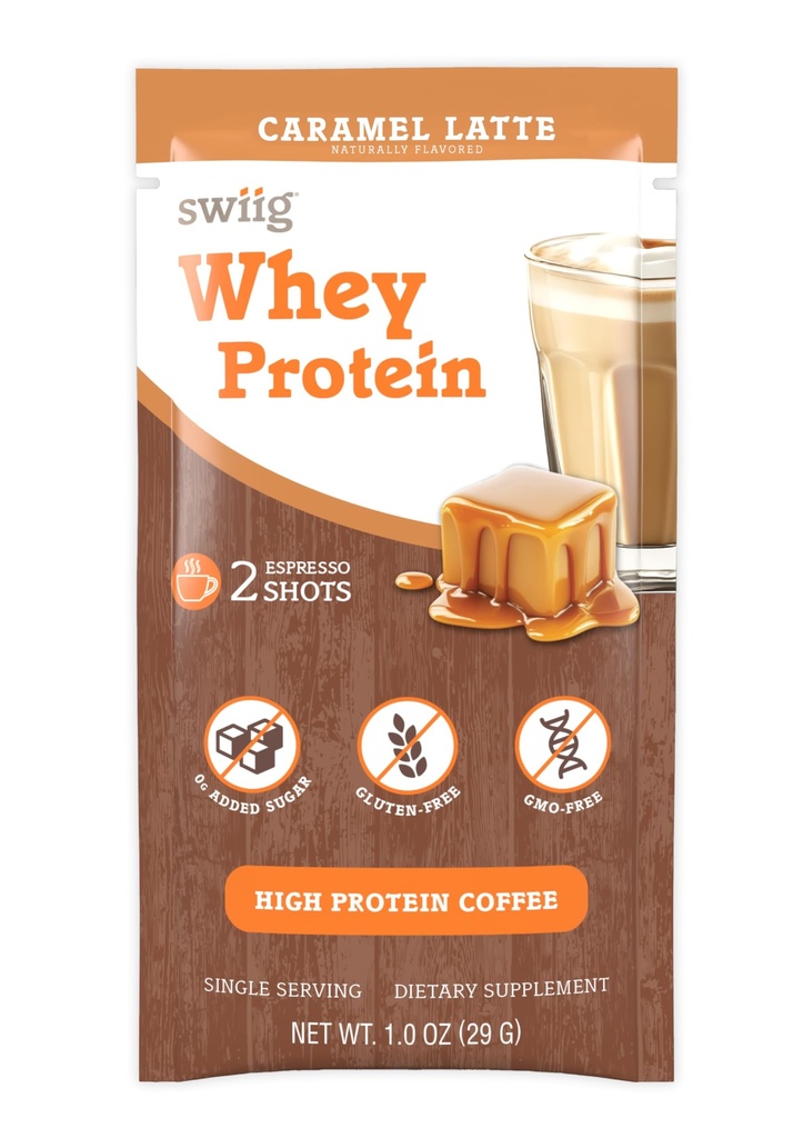 swiig Whey Protein Powder Caramel Latte – Single Serve Packets (10 Count), 20g Protein for Post Workout Recovery & Lean Muscle – No Artificial Ingredients, Gluten Free, Non-GMO