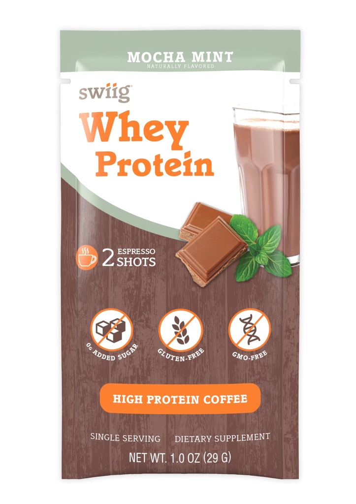 swiig Whey Protein Powder Coffee Mocha Mint – Single Serve Packets (10 Count), 20g Clean Protein for Muscle Recovery & Lean Muscle Support – No Artificial Ingredients, Gluten Free, Non-GMO