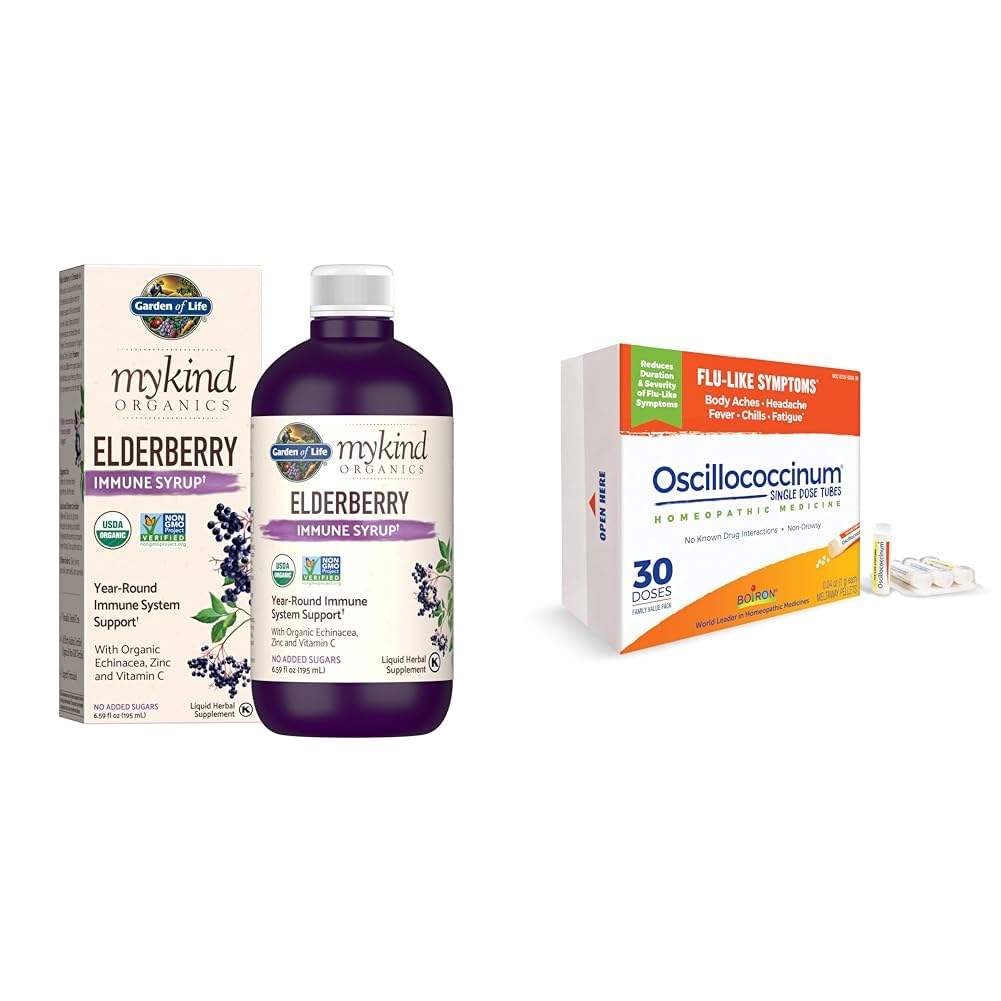 生命有机园 植物型长生莓 Syrup 6.59 fl oz (195 Ml) & Boiron Oscillococinum 抗流感类似体痛症状