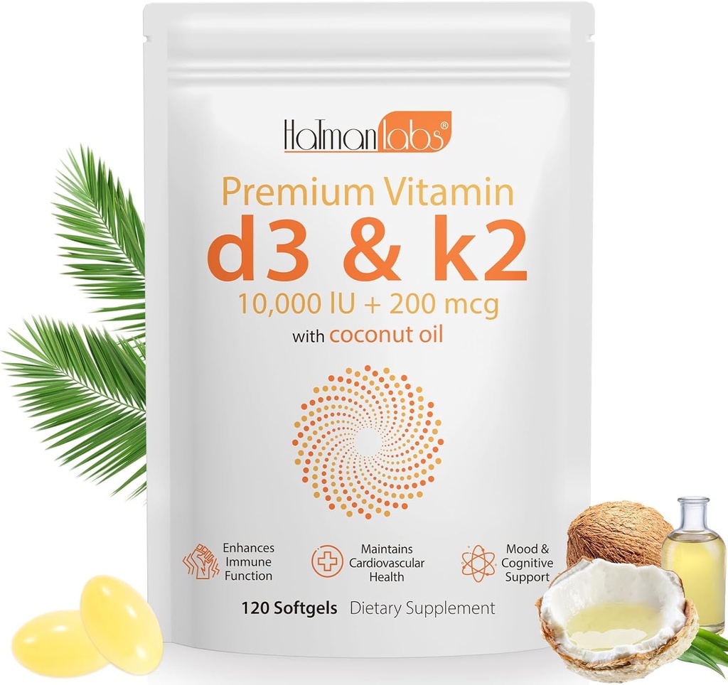 维生素D3 K2 补充软胶,2-in-1 微成份 维生素D3 1000 IU + 200 MCG 维生素K2 椰油软胶,无转基因生物,补充软胶(120 Pcs)