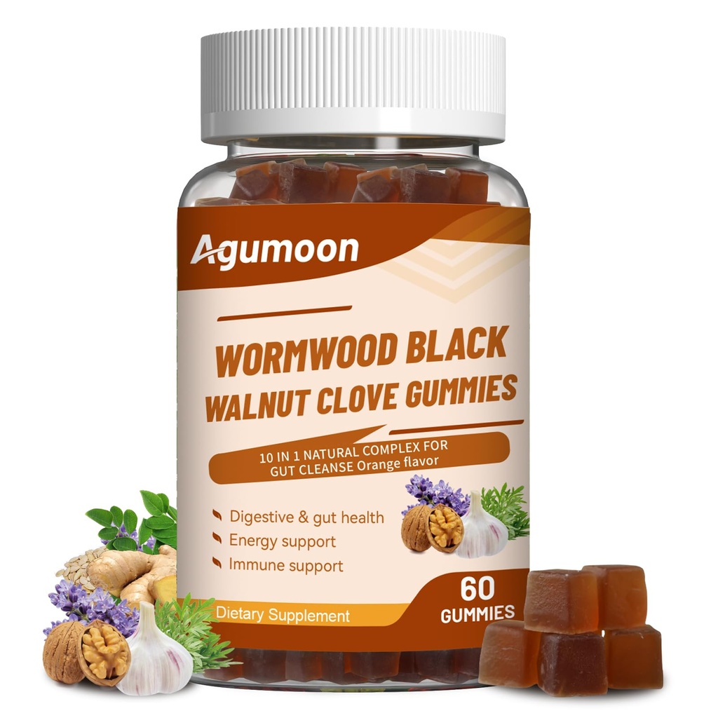 10-in-1 Wormwood Black Walnut Clove Gummies for Adults,Herbal Supplement for Gut Cleanse & Digestive Wellness with Garlic,Turmeric,Pumpkin Seed,Oregano,Moringa,60 Gummies