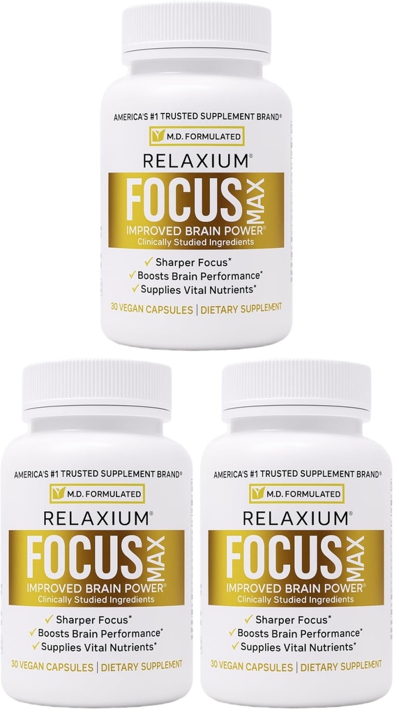 Relaxium FocusMax, Brain & Focus Health Supplement, Mental Clarity Support, Proven Concentration, Focus, Memory, & Nootropics Booster, USA-Manufactured, 30 Vegan Capsules (Pack of 3)