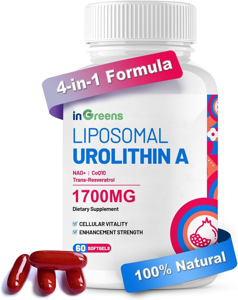 Urolithin A Supplement 1700mg with NAD+, CoQ10, Trans-Resveratrol Supplement for Men Women, 60 Softgel for Daily Health and Antioxidant Support, 肌肉能量,健康衰老,高度生物可用性