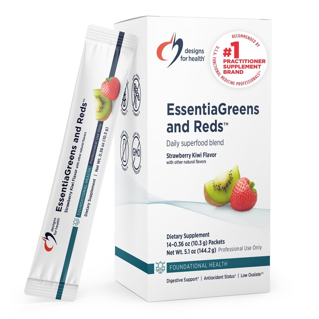 Designs for Health EssentiaGreens and Reds (Strawberry Kiwi, 14 Servings), Vegan Superfood Powder with Spirulina, Kale, Apple & More, for Daily Nutrition and Digestive Health