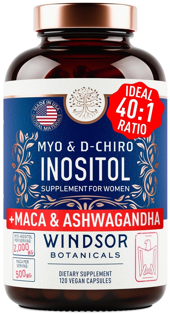 Myo和D-Chiro Inositol补充40:1 比例 - 2 000 mg Myo-Inositol + Maca Root & calming Ashwagandha - 健康产卵支助妇女维生素和生育率补充120 Vegan Capsules