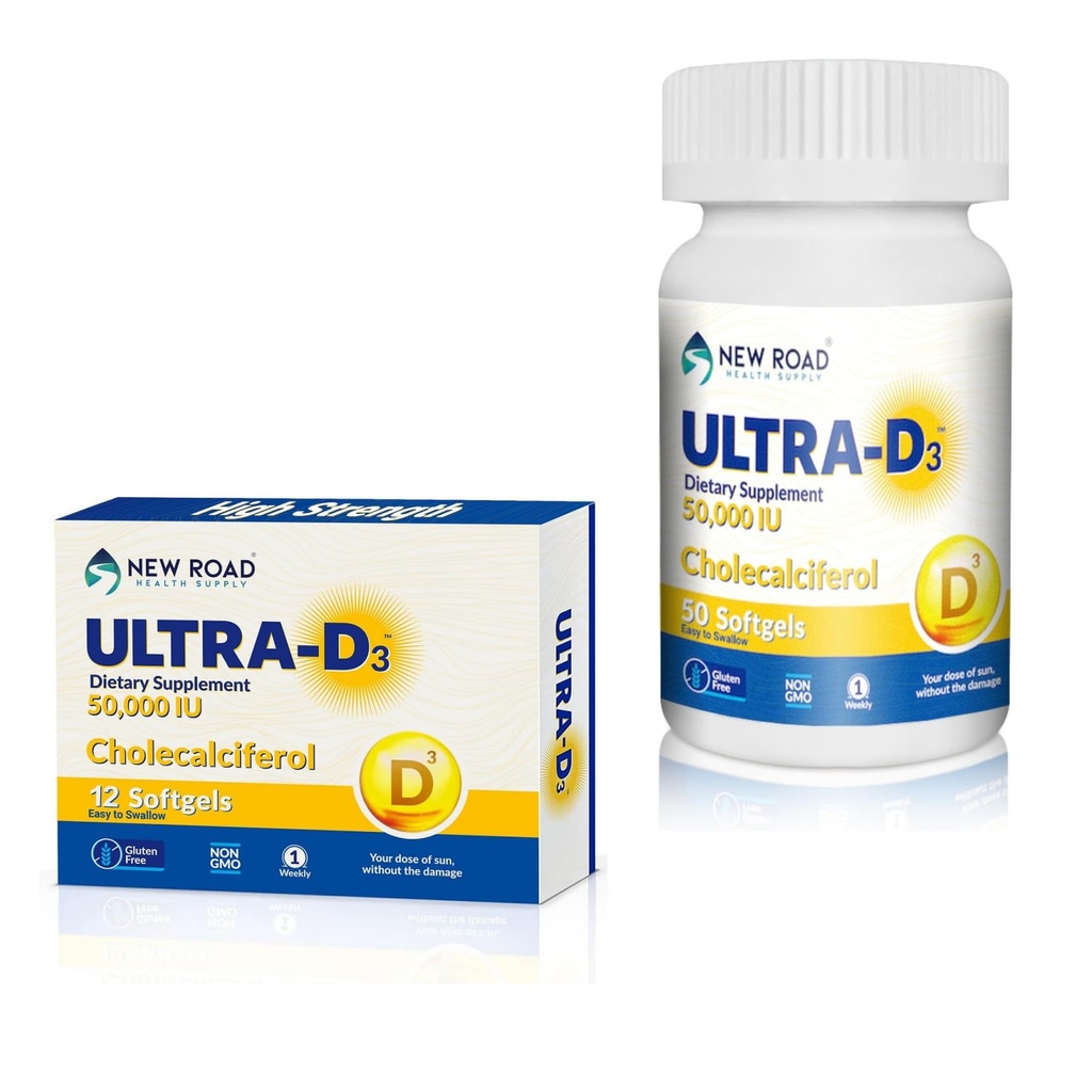 New Road Health Supply Vitamin D 50,000IU, 12-Count Blister Pack + 50-Count Bottle, Vitamin D Supplement for Bone Health, Immunity, and Energy Support