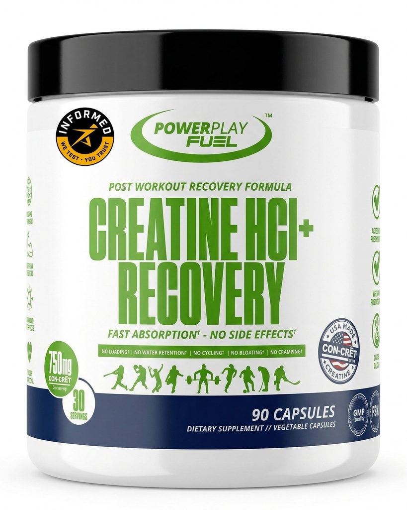 Creatine HCl + Recovery Capsules – CON-CRET HCl Creatine for Women & Men with Post Workout Recovery Support, Fast Absorption Clean Formula, Sport Certified Supplement by Power Play Fuel, 90 Caps