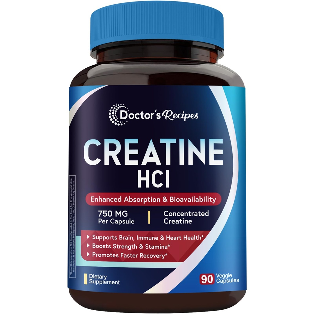 Doctor's Recipes Creatine HCl Capsules, 750 mg, Creatine Hydrochloride for Women & Men, Strength & Recovery, Brain Health, Fast Absorbing, Vegan, 90 Capsules