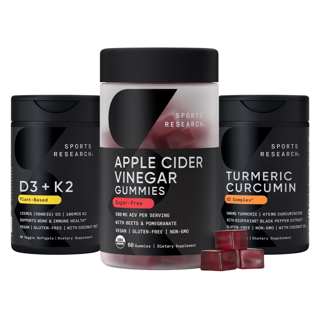 Sports Research® Multivitamins Pack - Organic Apple Cider Vinegar Gummies + Vitamin D 5000iu & Mk7 Vitamin K 100mcg + Turmeric Curcumin C3 Complex