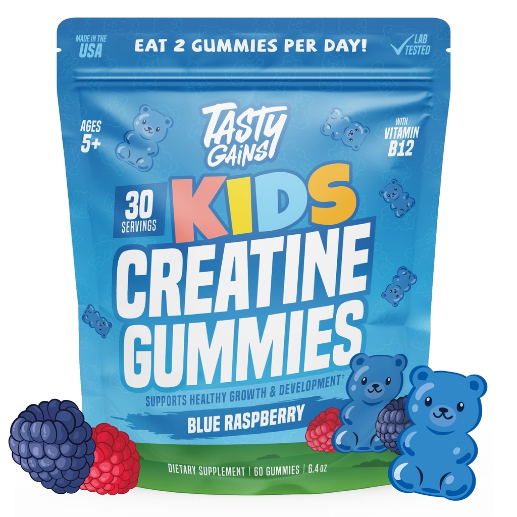 TASTY GAINS Kids & Teen Creatine Gummies with Vitamin B12 for Growth Support, Easy Chew Daily Supplement, Gummy Vitamins for Kids and Teens, Ages 5+ (Blue Raspberry Flavor, 60 Count)