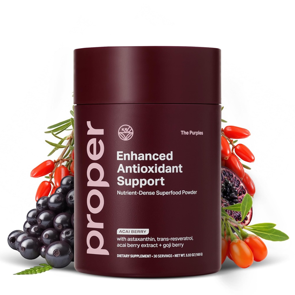 Proper, The Purples Nutrient-Dense Superfood Powder - Antioxidant Supplement and Cellular Support – Acai, Amla, Blueberry, Vitamin C, B Vitamins & More - Enhanced with Prebiotic Fiber & Probiotics